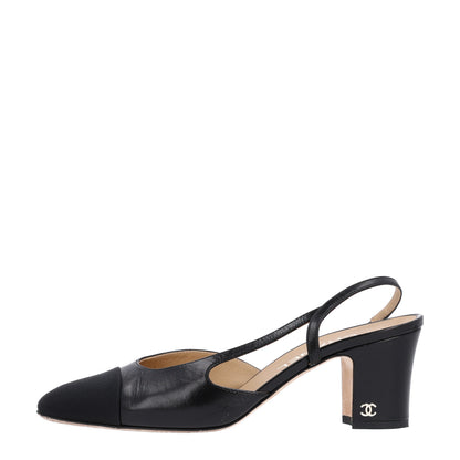 Chanel Goatskin Grosgrain Cap Toe CC Slingback Sandals 38.5 Black 1 of 10