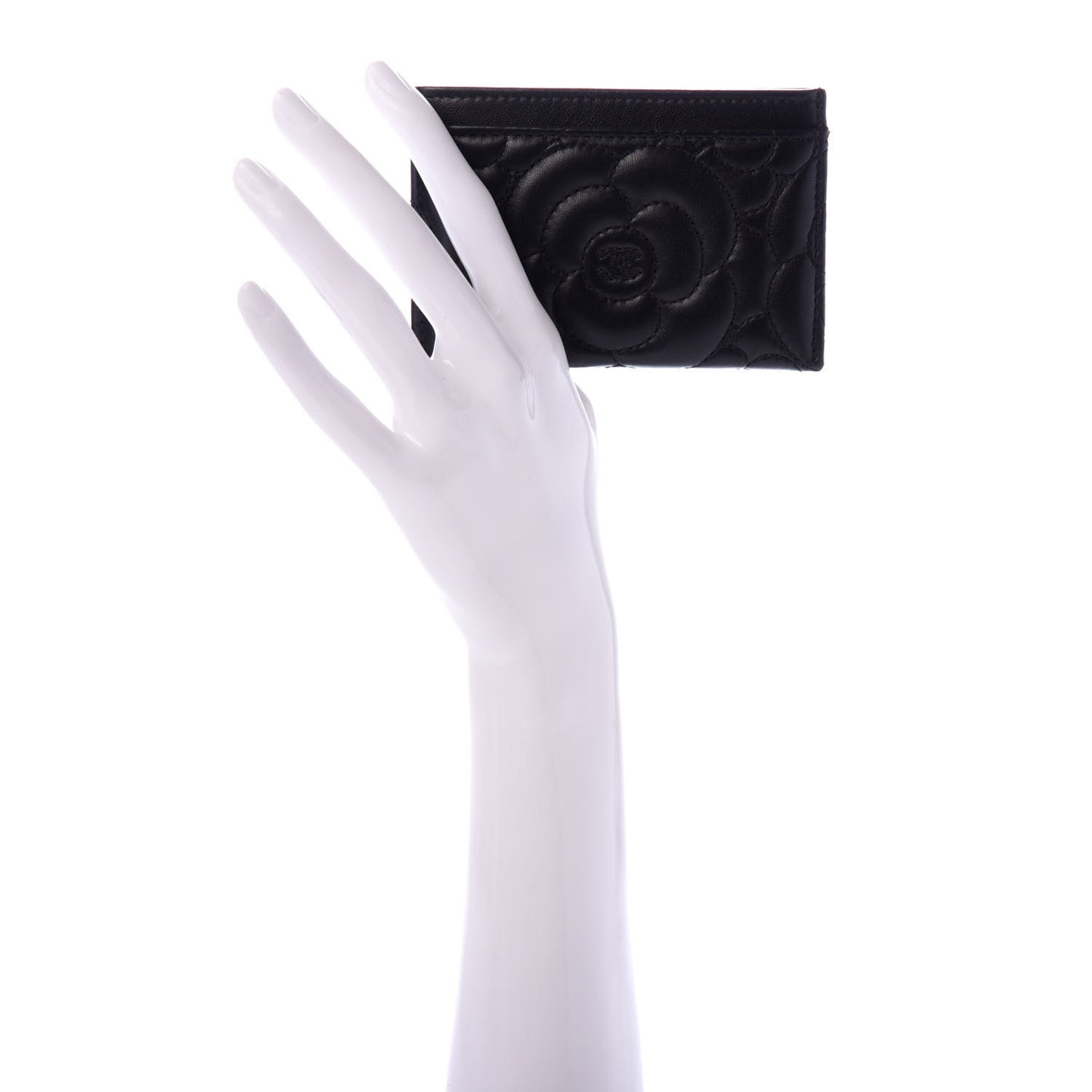 Lambskin Camellia Embossed Card Holder Black