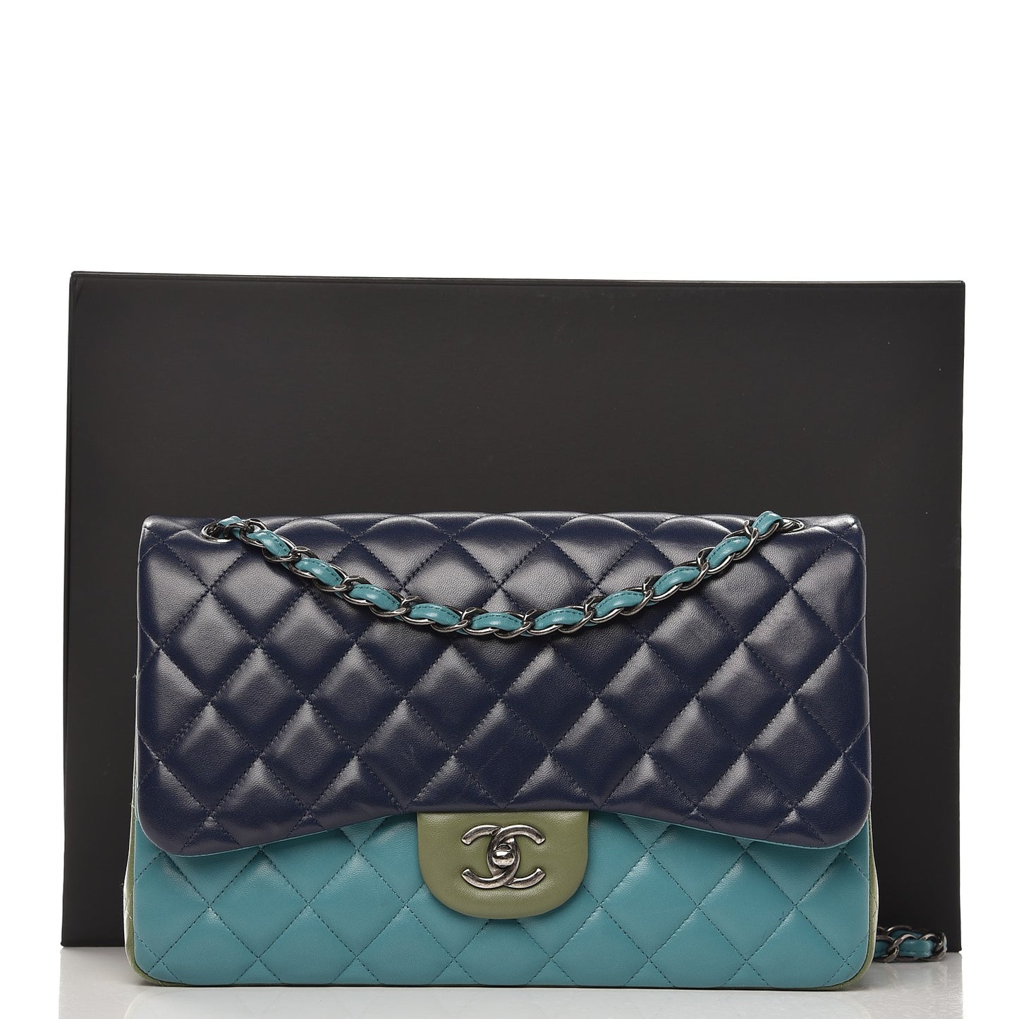 Lambskin Quilted Tri-Color Jumbo Double Flap Navy Blue Green