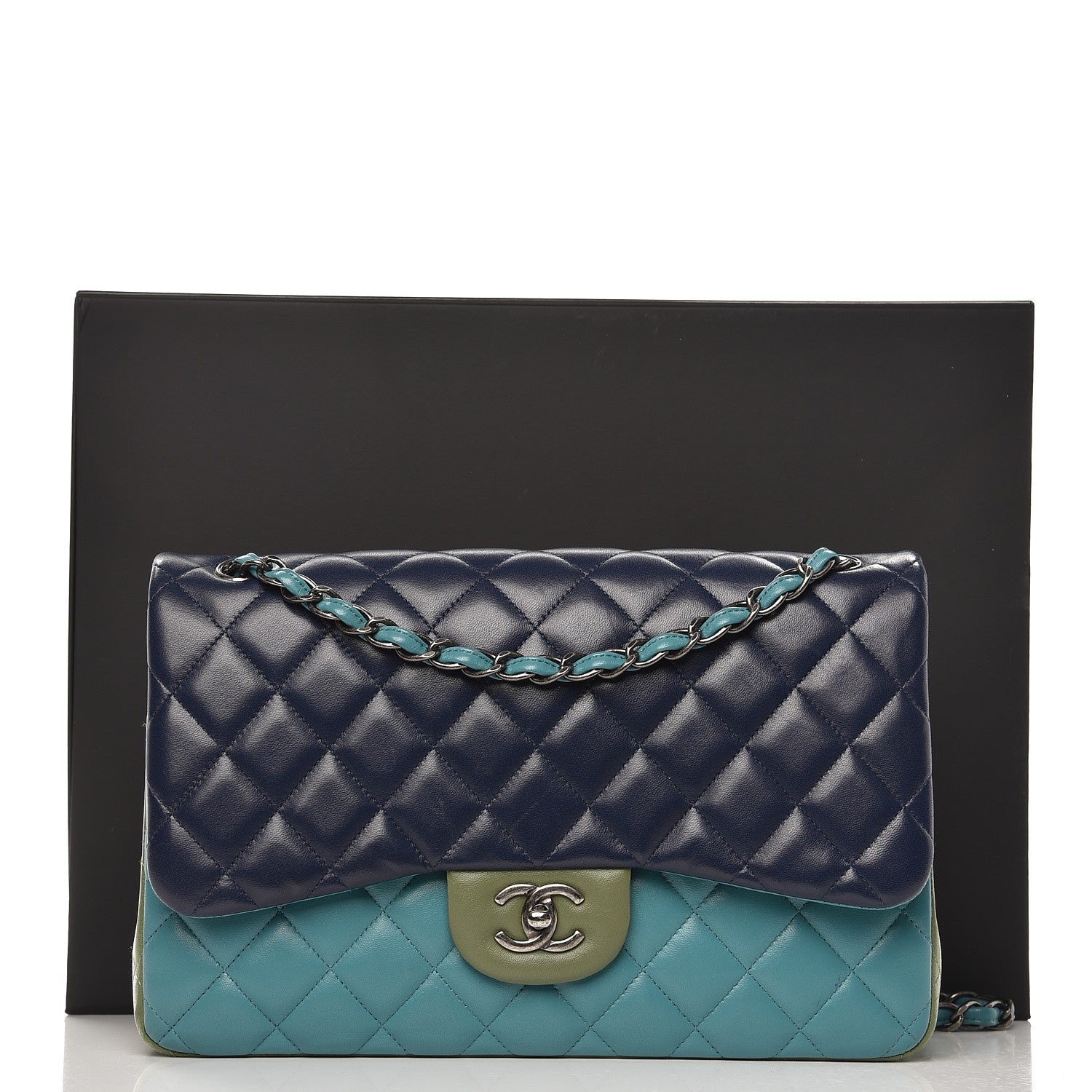 Chanel Lambskin Quilted Tri-Color Jumbo Double Flap Navy Blue Green 13 of 13