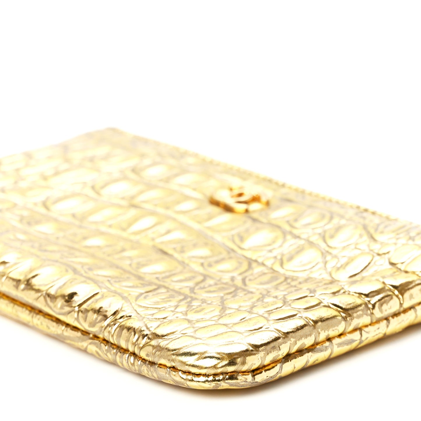Metallic Calfskin Crocodile Embossed Cocodile Small Cosmetic Case Gold