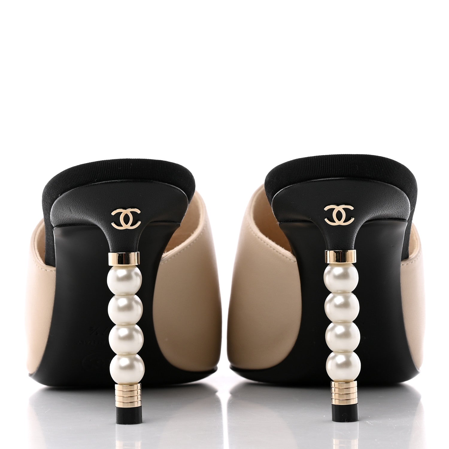 Chanel Lambskin Grosgrain Cap Toe Pearl Mule 37.5 Beige Black 5 of 13