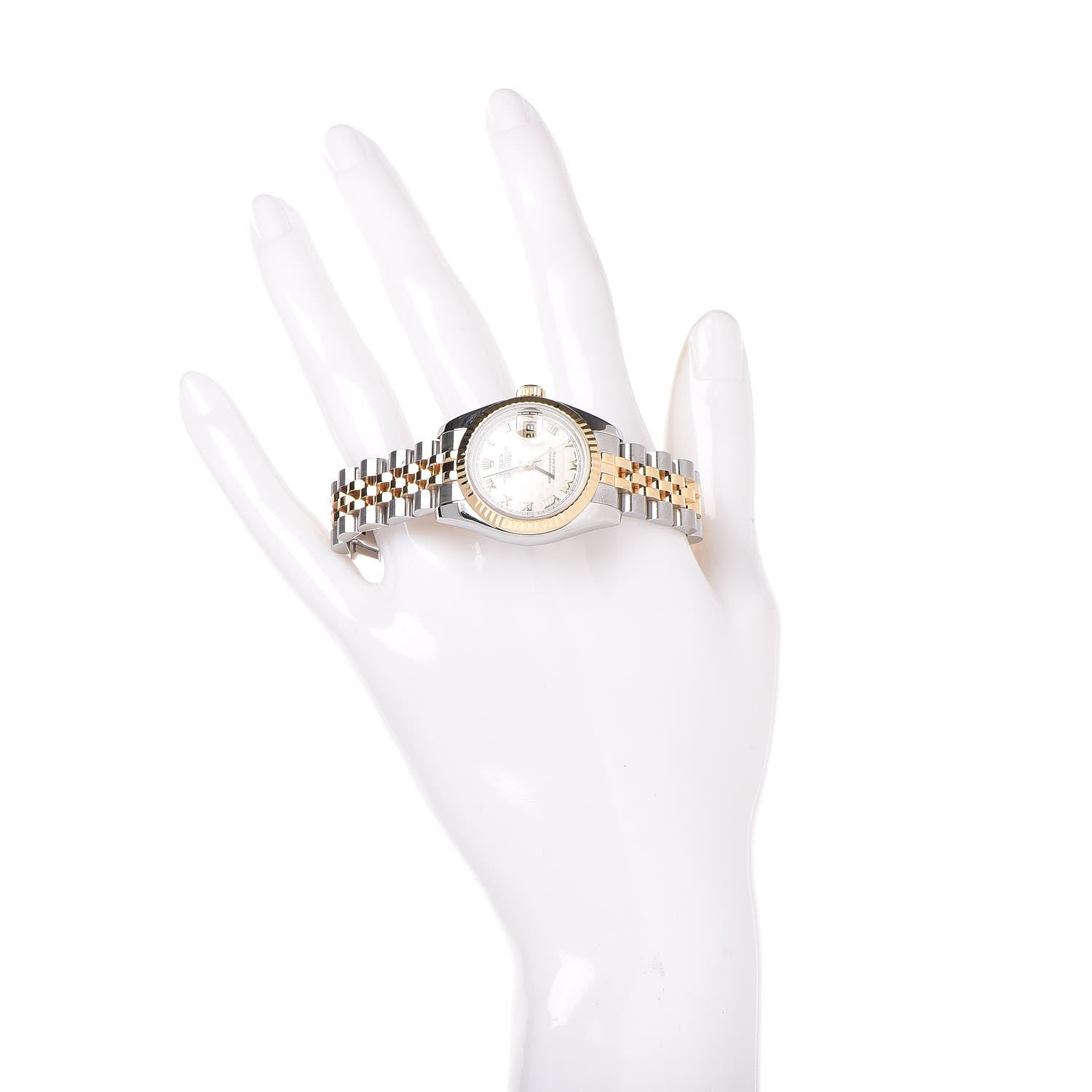 Rolex Stainless Steel 18K Yellow Gold 26mm Oyster Perpetual Datejust Watch White Pyramid Roman 179173 2 of 8
