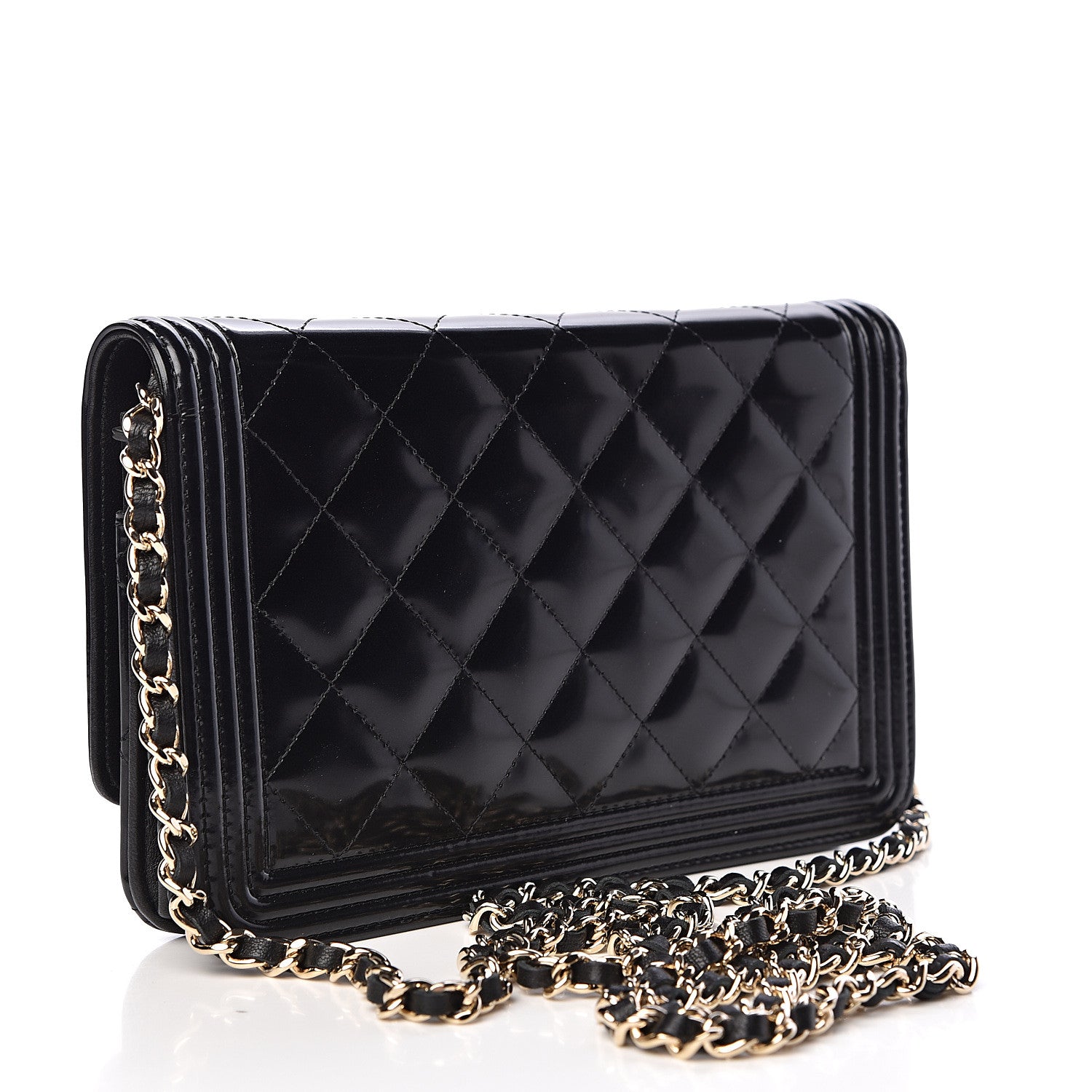 Chanel Patent Calfskin Quilted Boy Wallet On Chain WOC Black 3 of 12