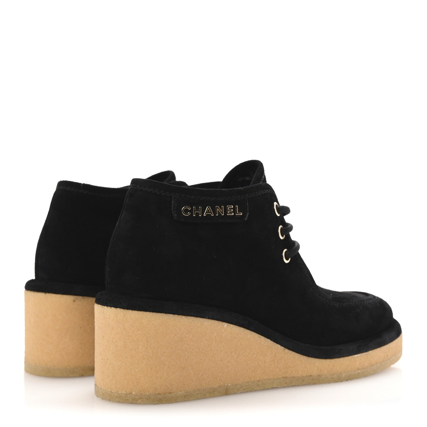 Chanel Suede Calfskin Lace Up Wedge Booties 36.5 Black 5 of 10