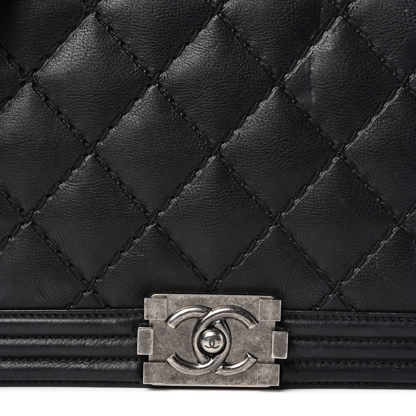 Calfskin Double Stitch Large Boy Flap Black