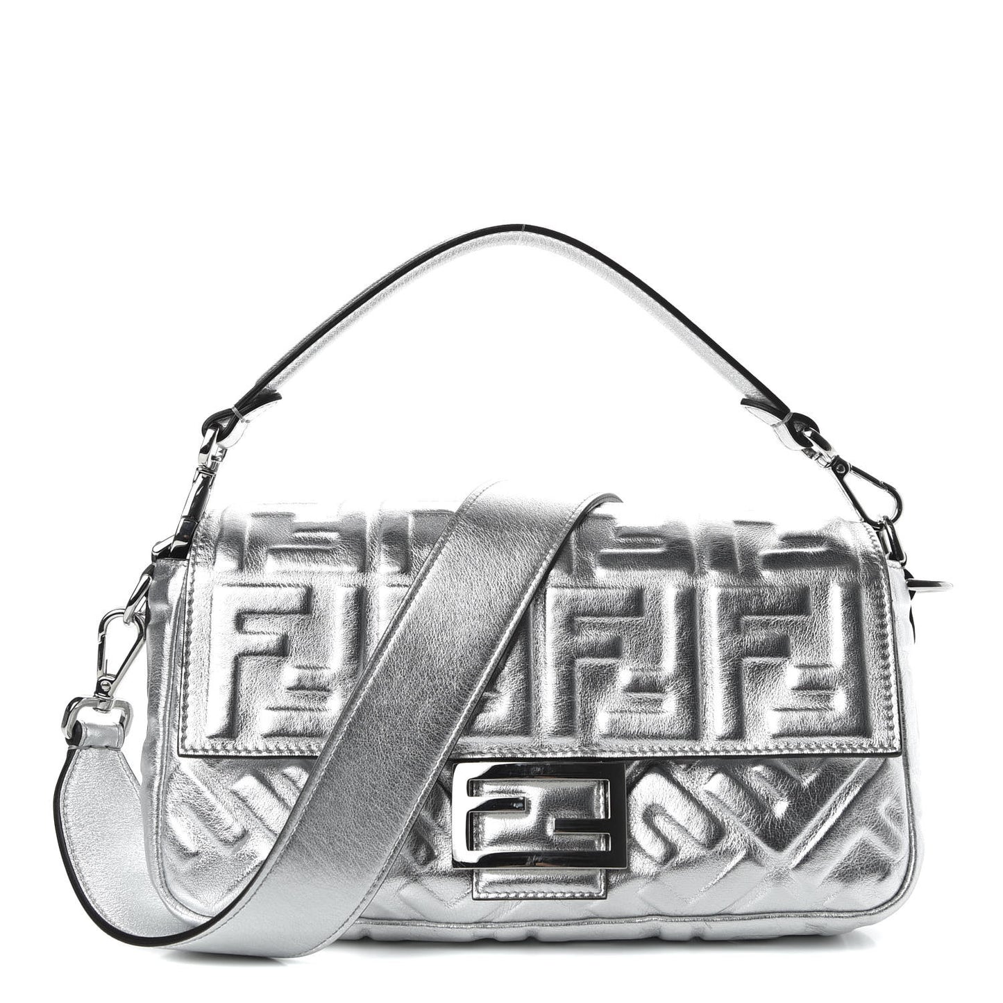 Vitello Catalan Mirror FF 1974 Embossed Baguette Argento