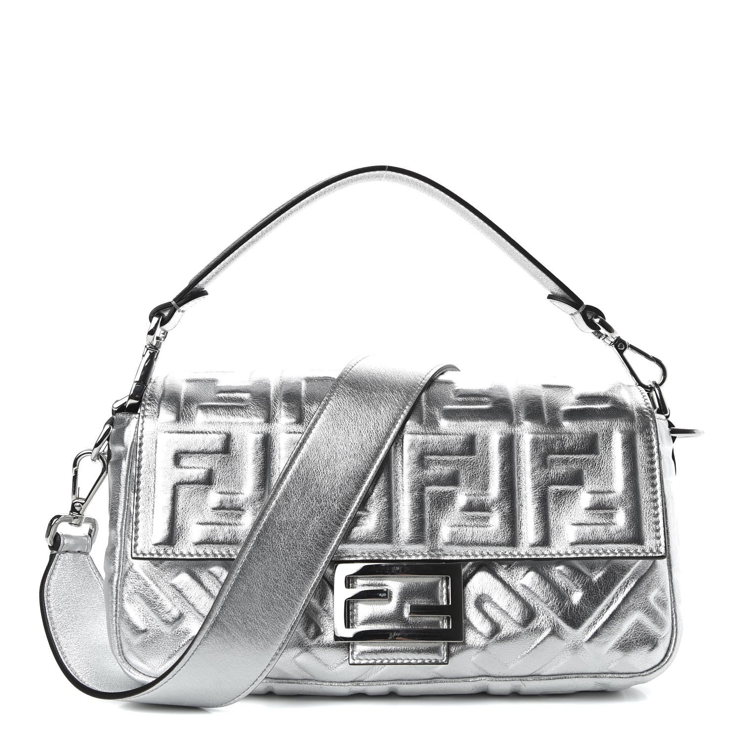 Fendi Vitello Catalan Mirror FF 1974 Embossed Baguette Argento 1 of 10