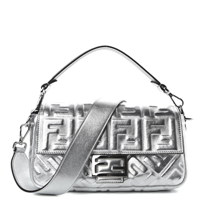 Fendi Vitello Catalan Mirror FF 1974 Embossed Baguette Argento 1 of 10