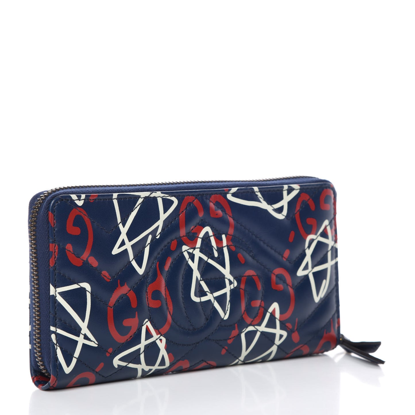 Calfskin Matelasse GucciGhost GG Marmont Zip Around Wallet Blue Agata Hibiscus Red