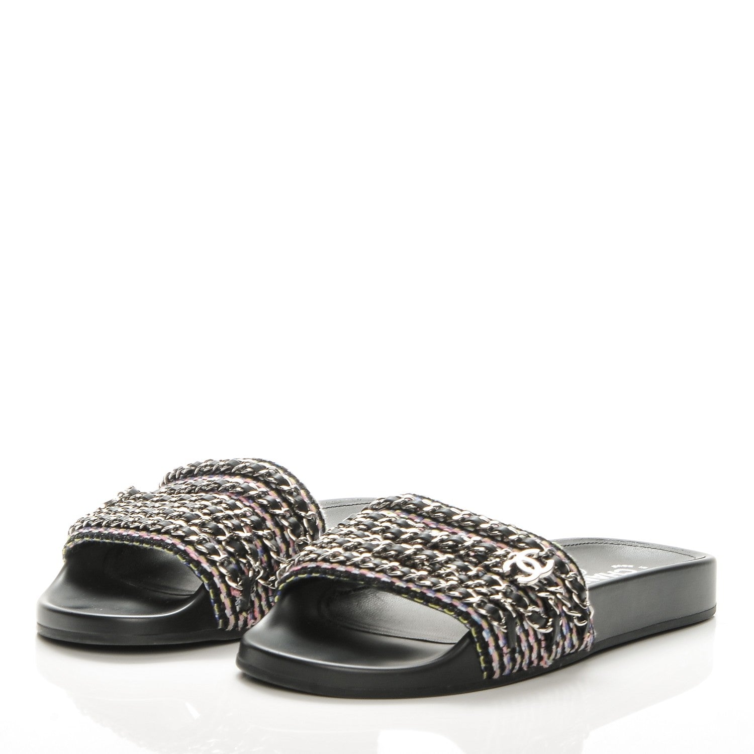 Chanel Tweed Lambskin Chain Flat Sandals 39 Black Multicolor 3 of 9