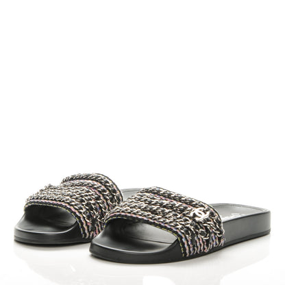 Chanel Tweed Lambskin Chain Flat Sandals 39 Black Multicolor 3 of 9