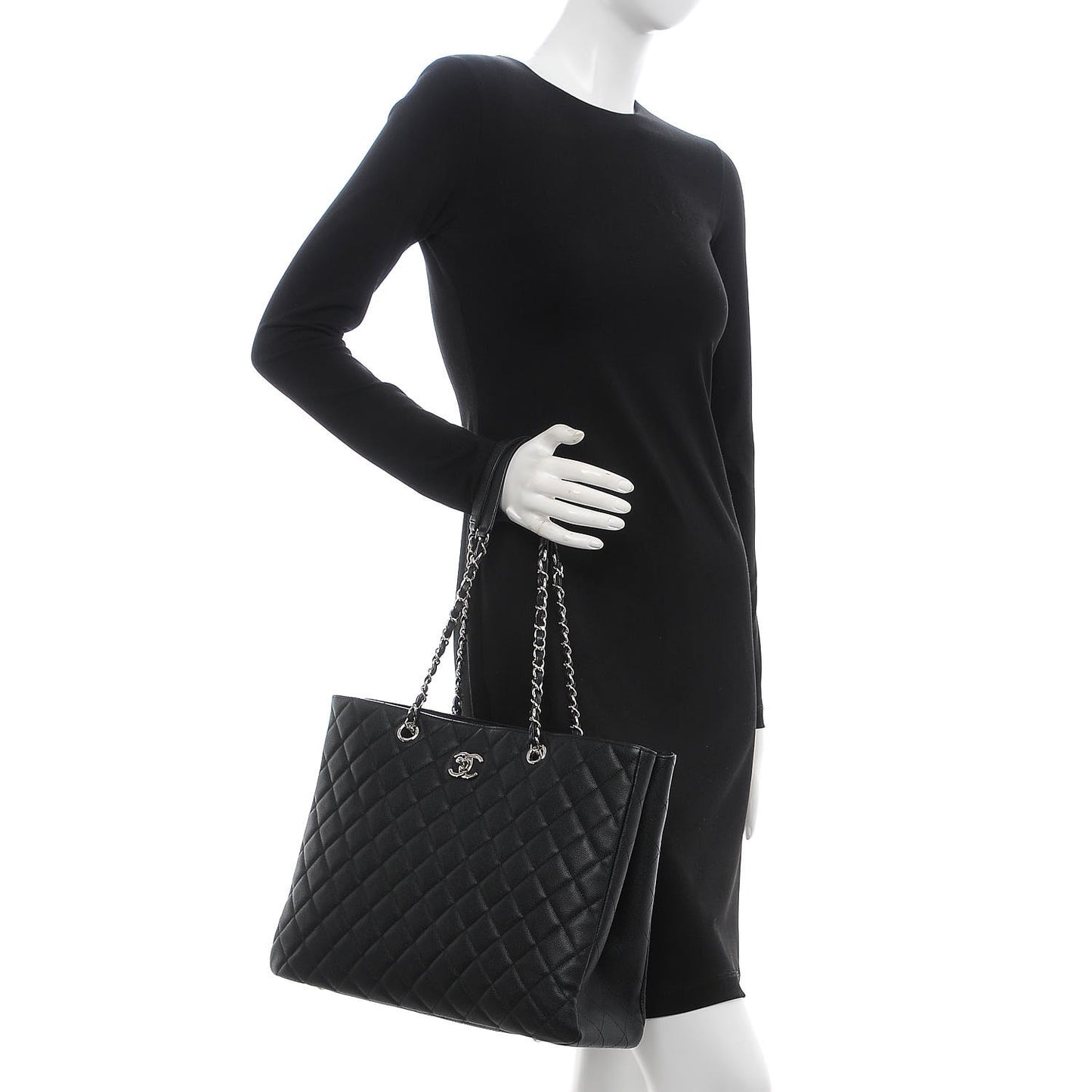 Caviar Quilted Large CC Shopping Tote Black