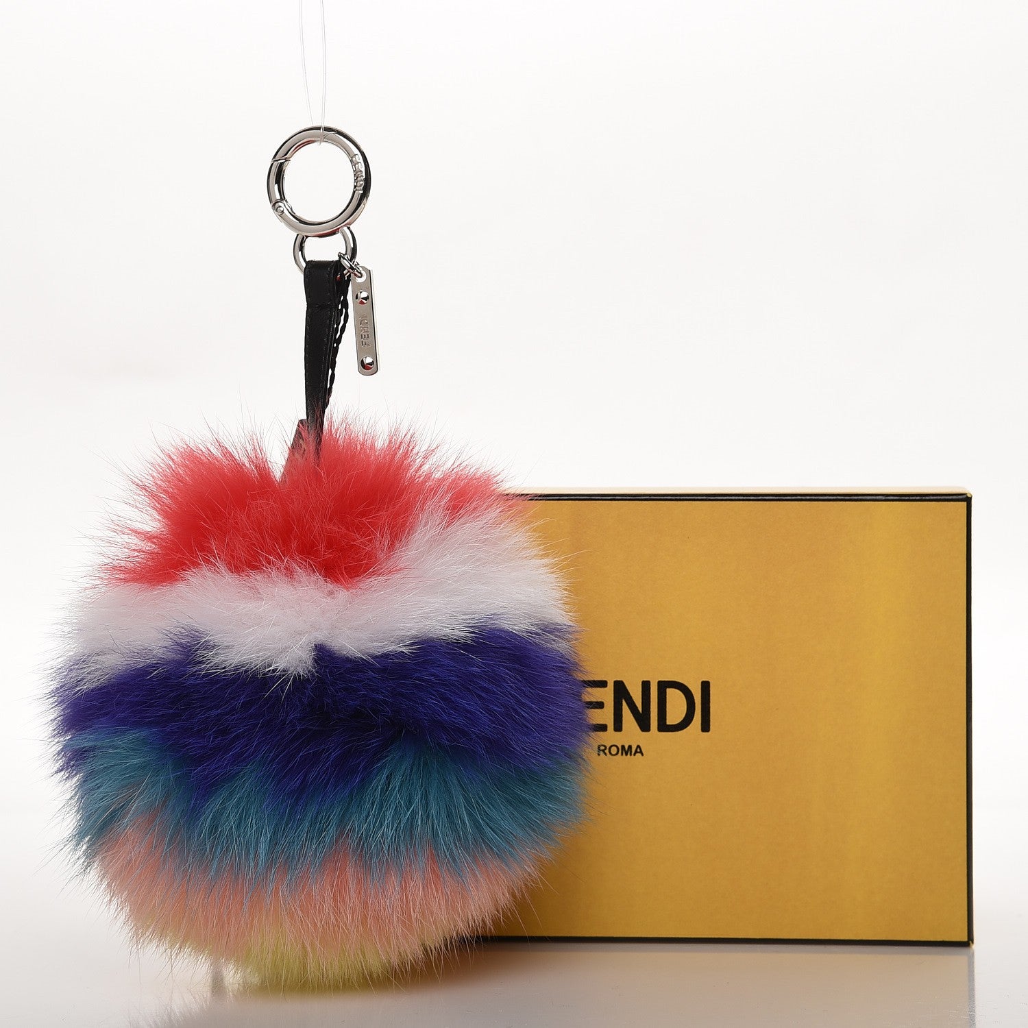 Fendi Fox Fur Shiny Nappa Rainbow Pom Pom Bag Charm Rosso Multicolor Black 5 of 5