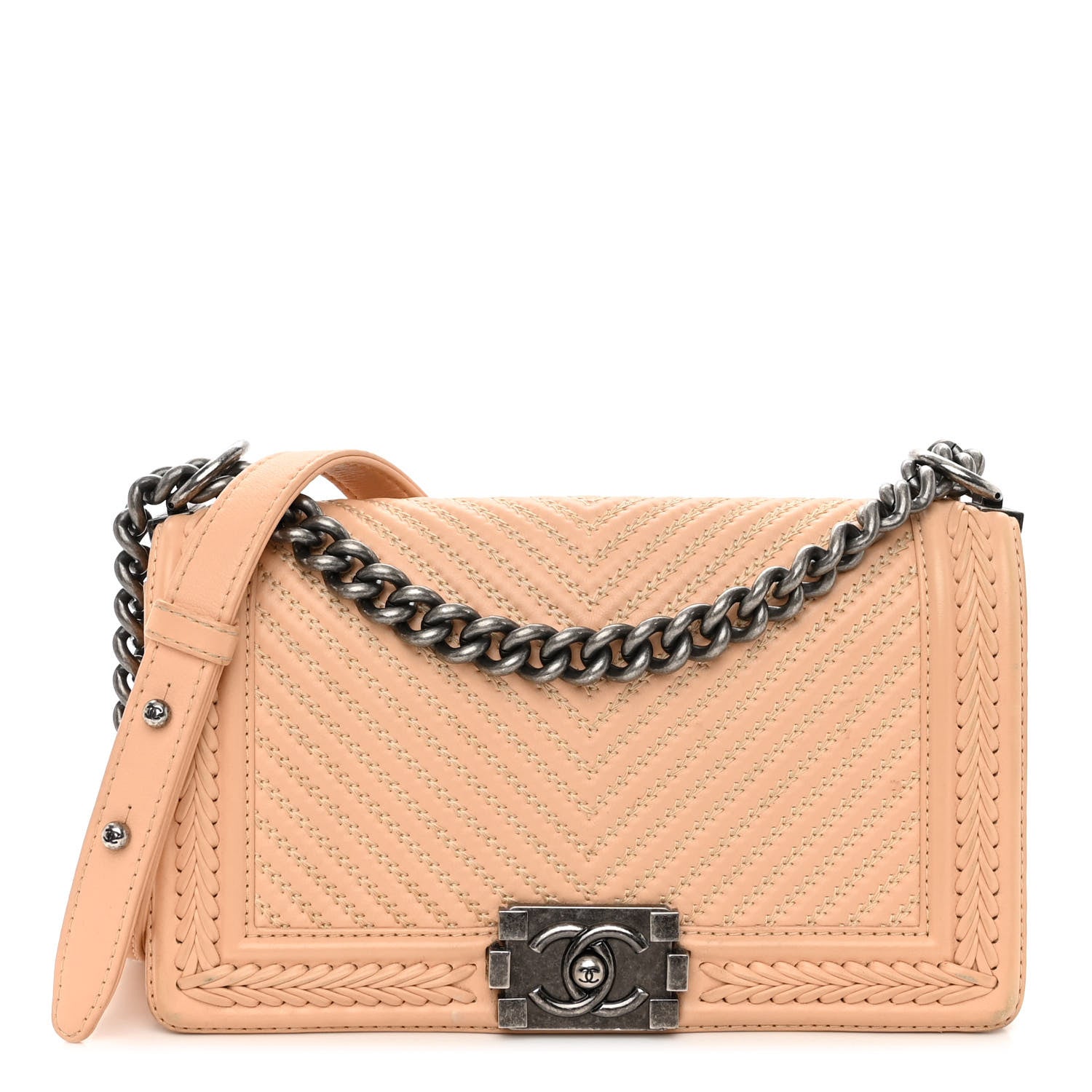 Chanel Calfskin Chevron Quilted Medium Braided Boy Flap Beige 1 of 14
