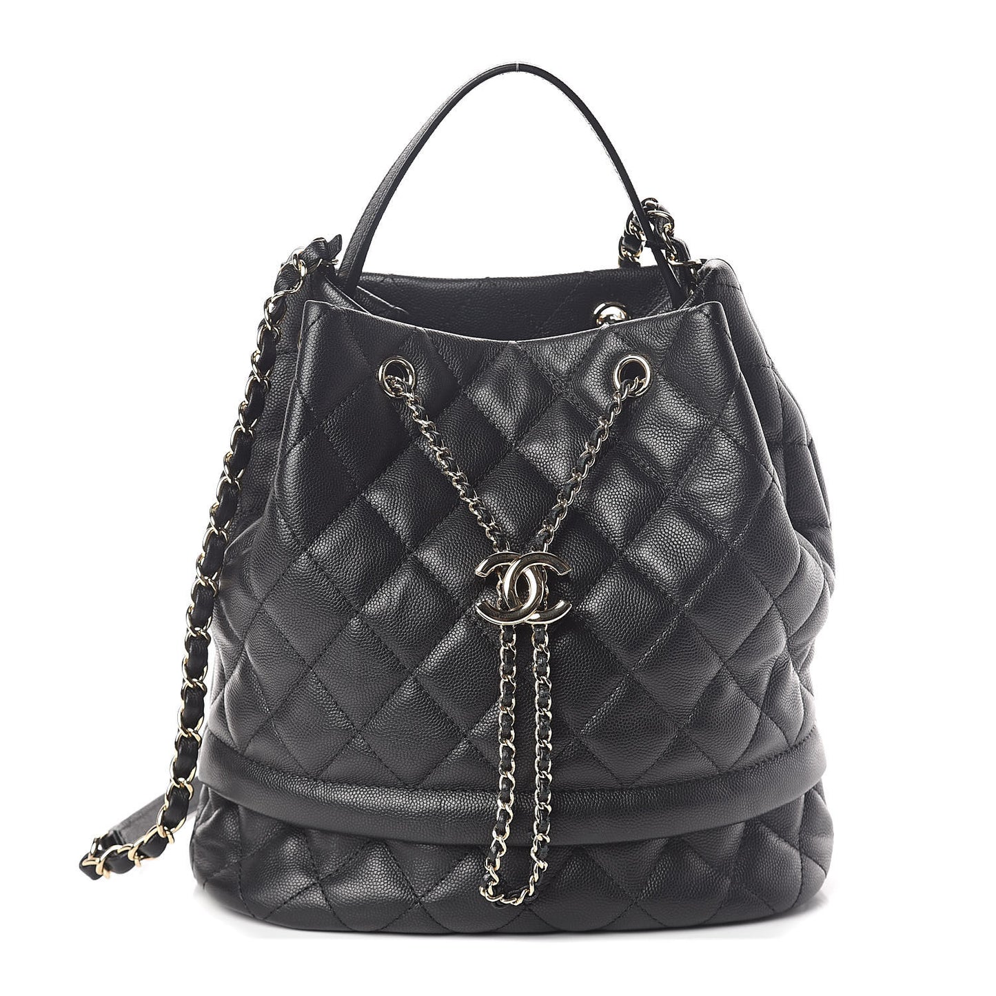 Caviar Quilted Large Rolled Up Bucket Drawstring Bag Black