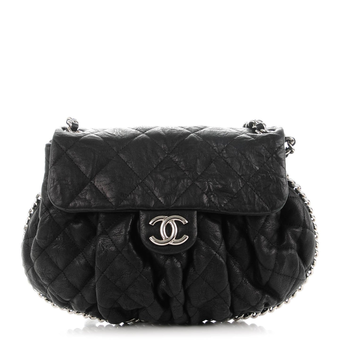 Crumpled Lambskin Quilted Medium Chain Around Messenger Black