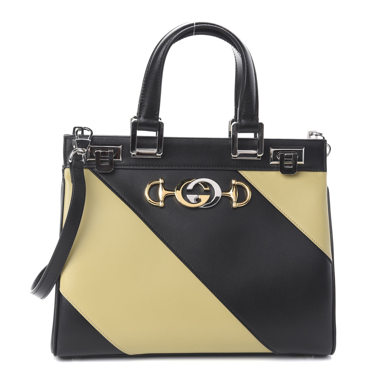 Gucci Smooth Calfskin Diagonal Striped Small Zumi Top Handle Bag Black Beige 1 of 7