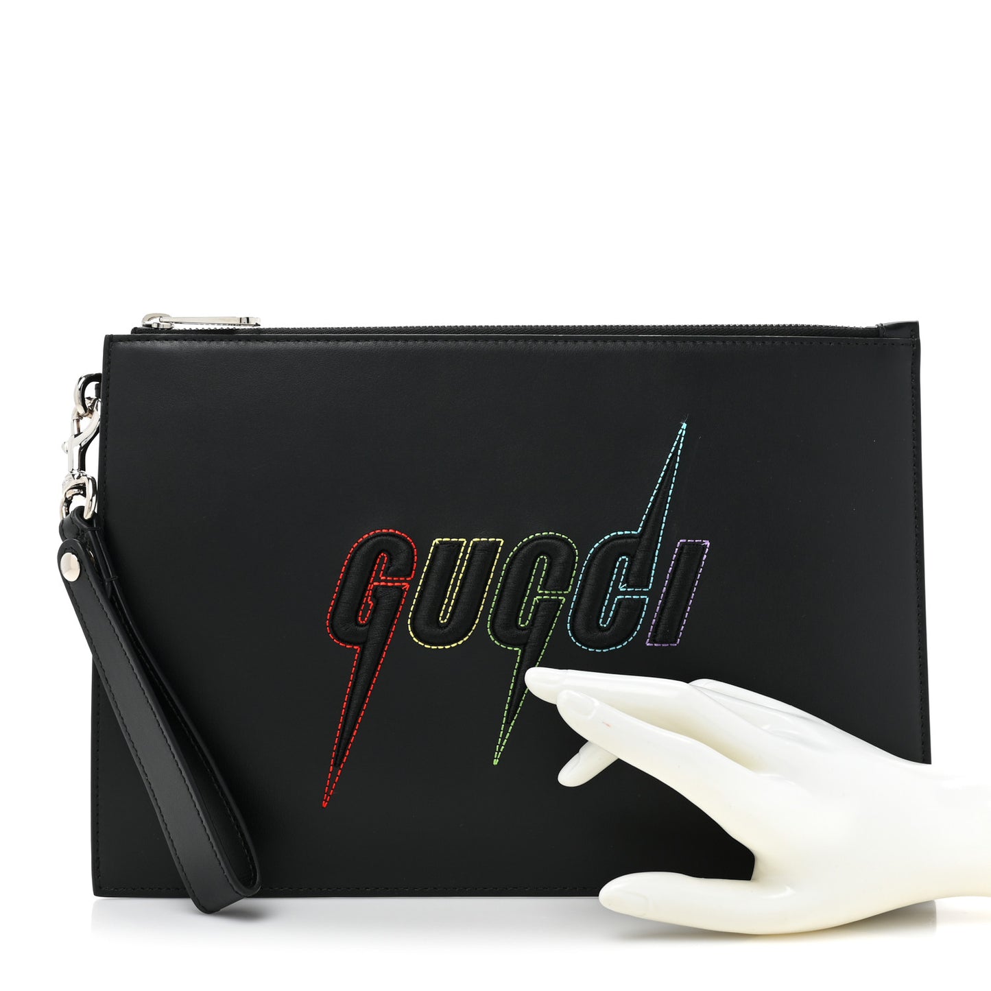 Calfskin Blade Embroidered Zip Pouch Black