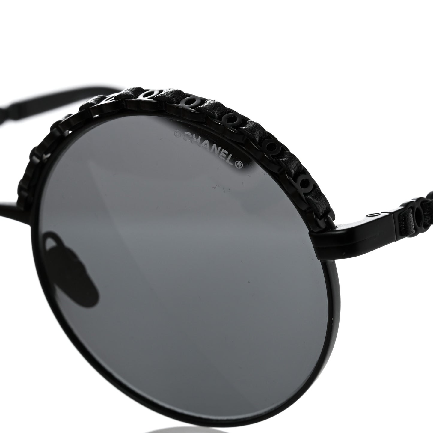 Metal Calfskin Round Chain Sunglasses 4265-Q Black