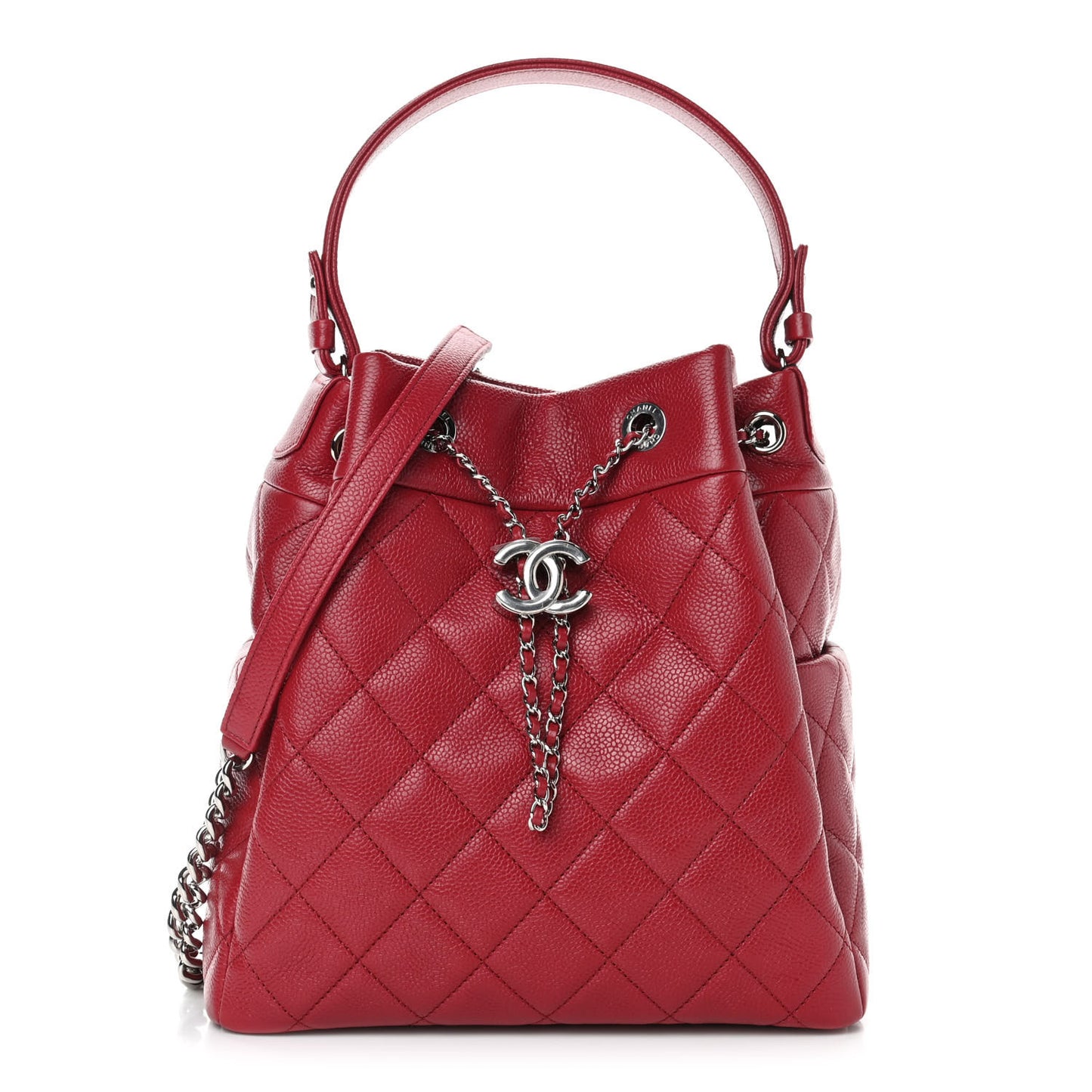Caviar Flat Quilted CC Chain Bucket Drawstring Bag Dark Pink