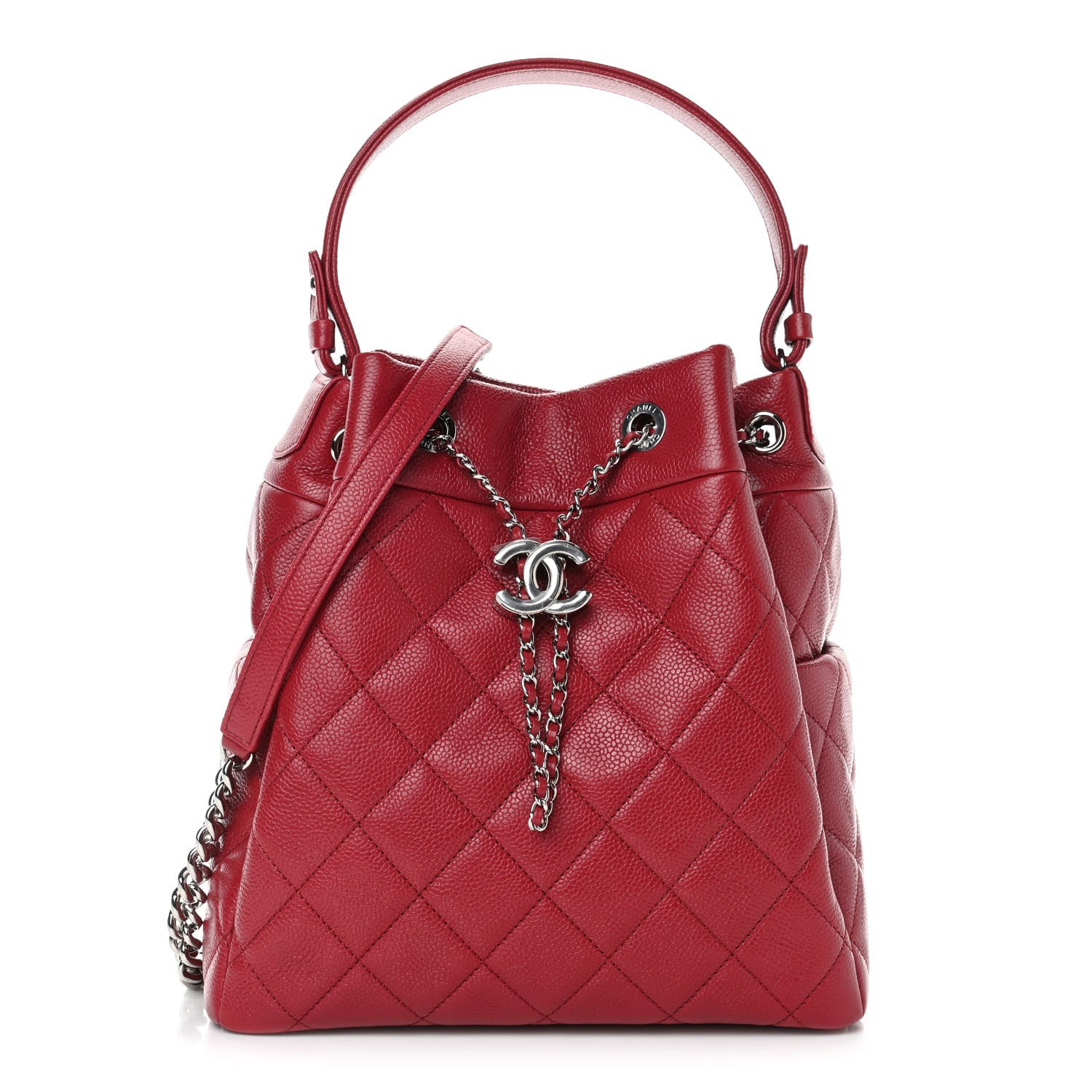 Chanel Caviar Flat Quilted CC Chain Bucket Drawstring Bag Dark Pink 1 of 10