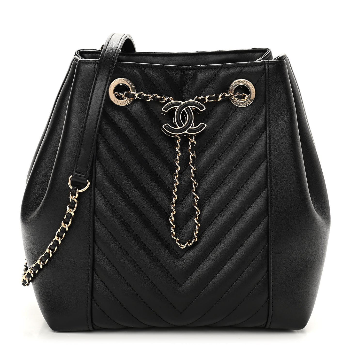 Calfskin Chevron Quilted Small CC Chain Bucket Drawstring Bag Black