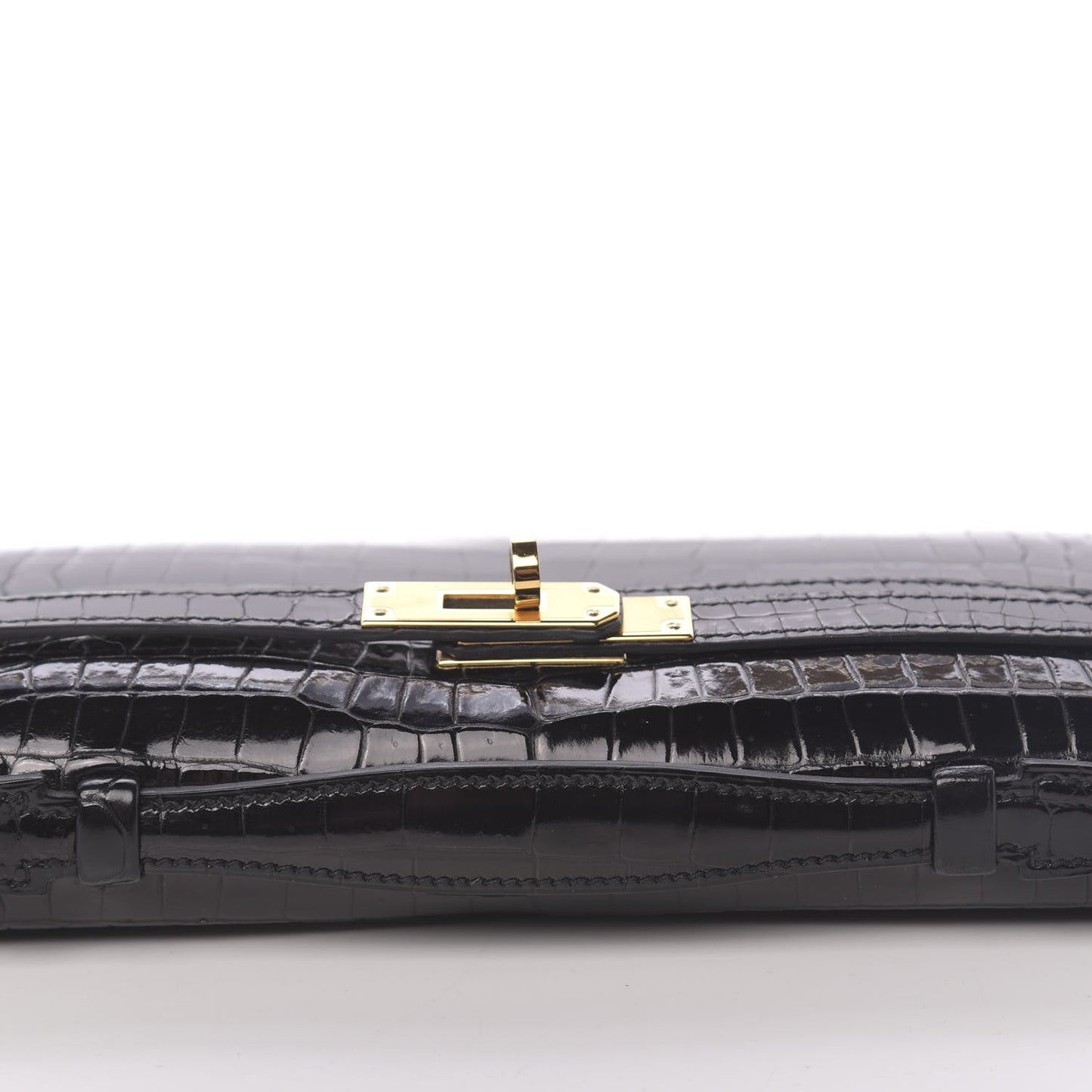 Shiny Porosus Crocodile Kelly Cut Pochette Black