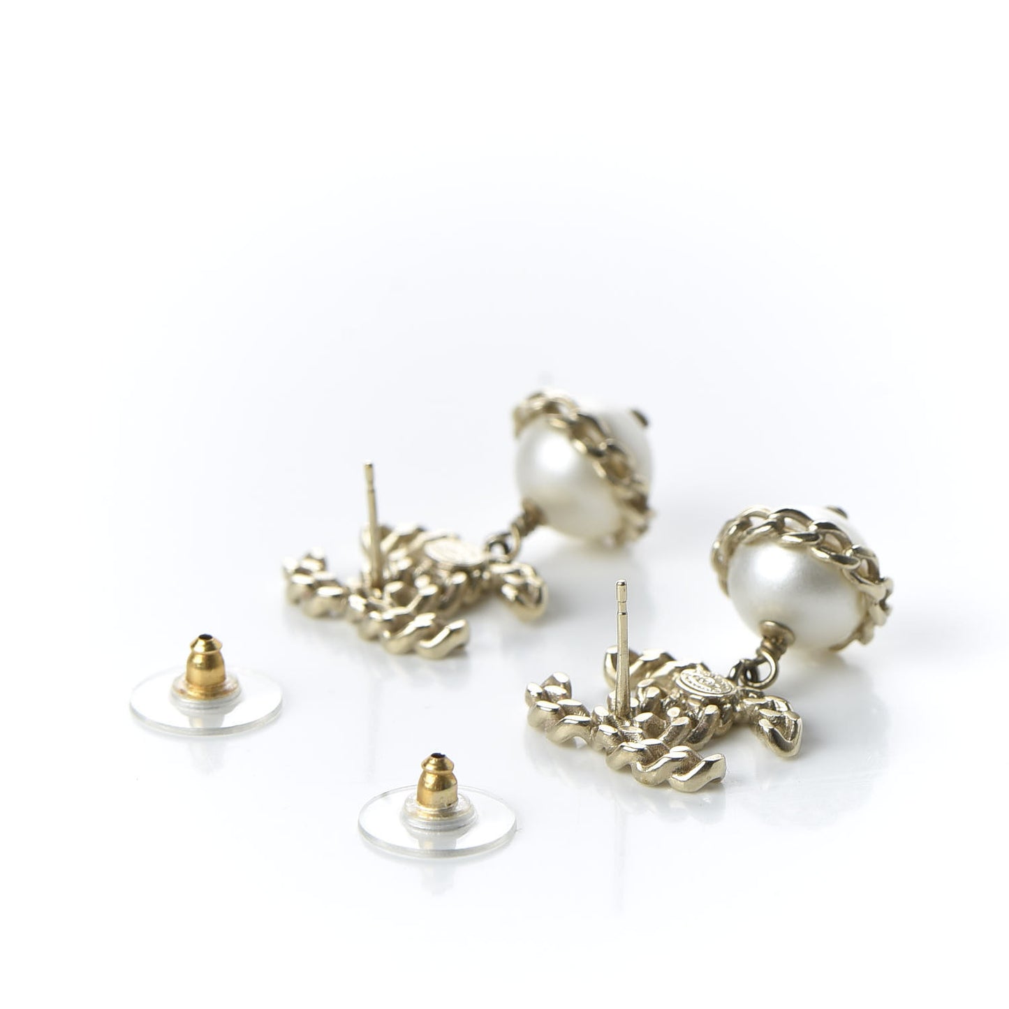 Pearl Chain CC Dangle Earrings Gold