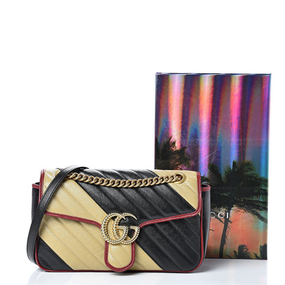 Gucci Vintage Effect Calfskin Matelasse Diagonal Striped Small Torchon GG Marmont Shoulder Bag Black Beige 10 of 10