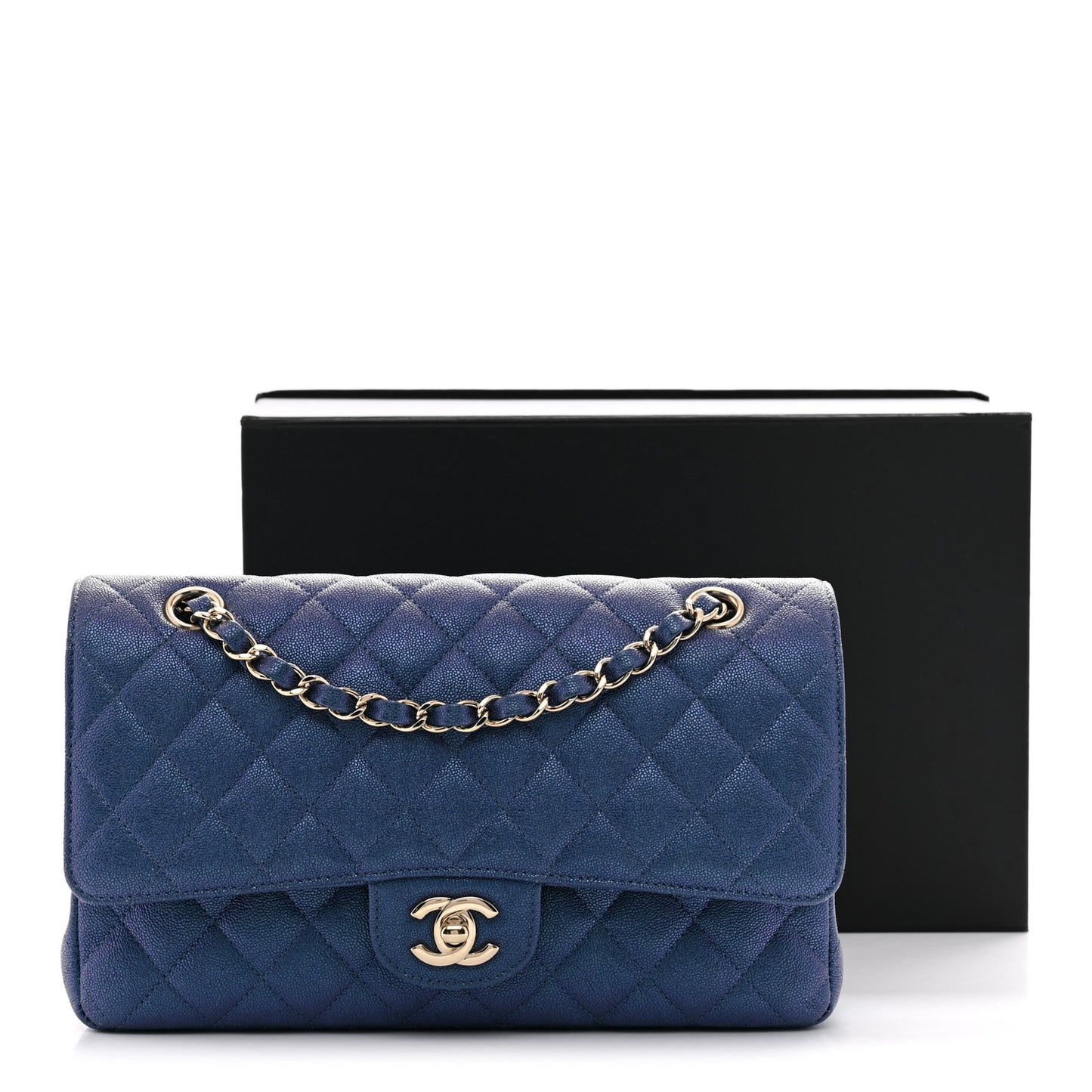 Iridescent Caviar Quilted Medium Double Flap Dark Blue