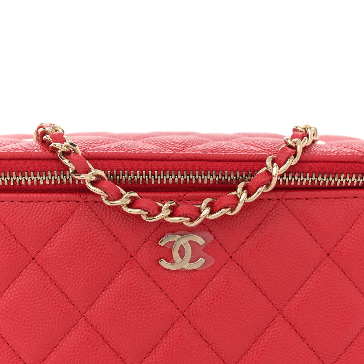 Caviar Quilted Small Vanity Case With Chain Red