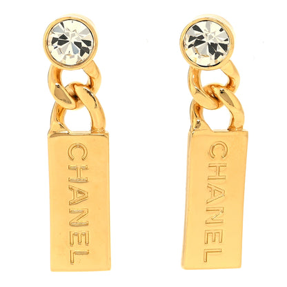 Chanel Crystal Tag Drop Earrings Gold 1 of 5