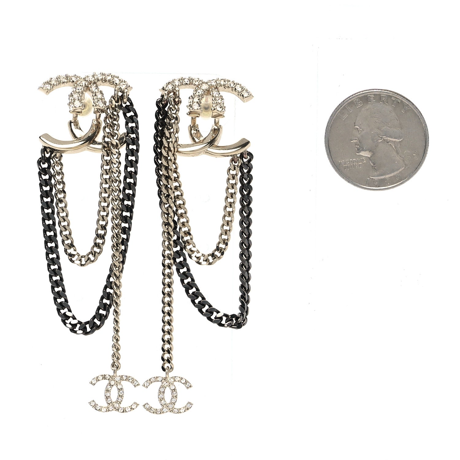 Chanel Crystal CC Drop Chain Earrings Gold Black 2 of 5