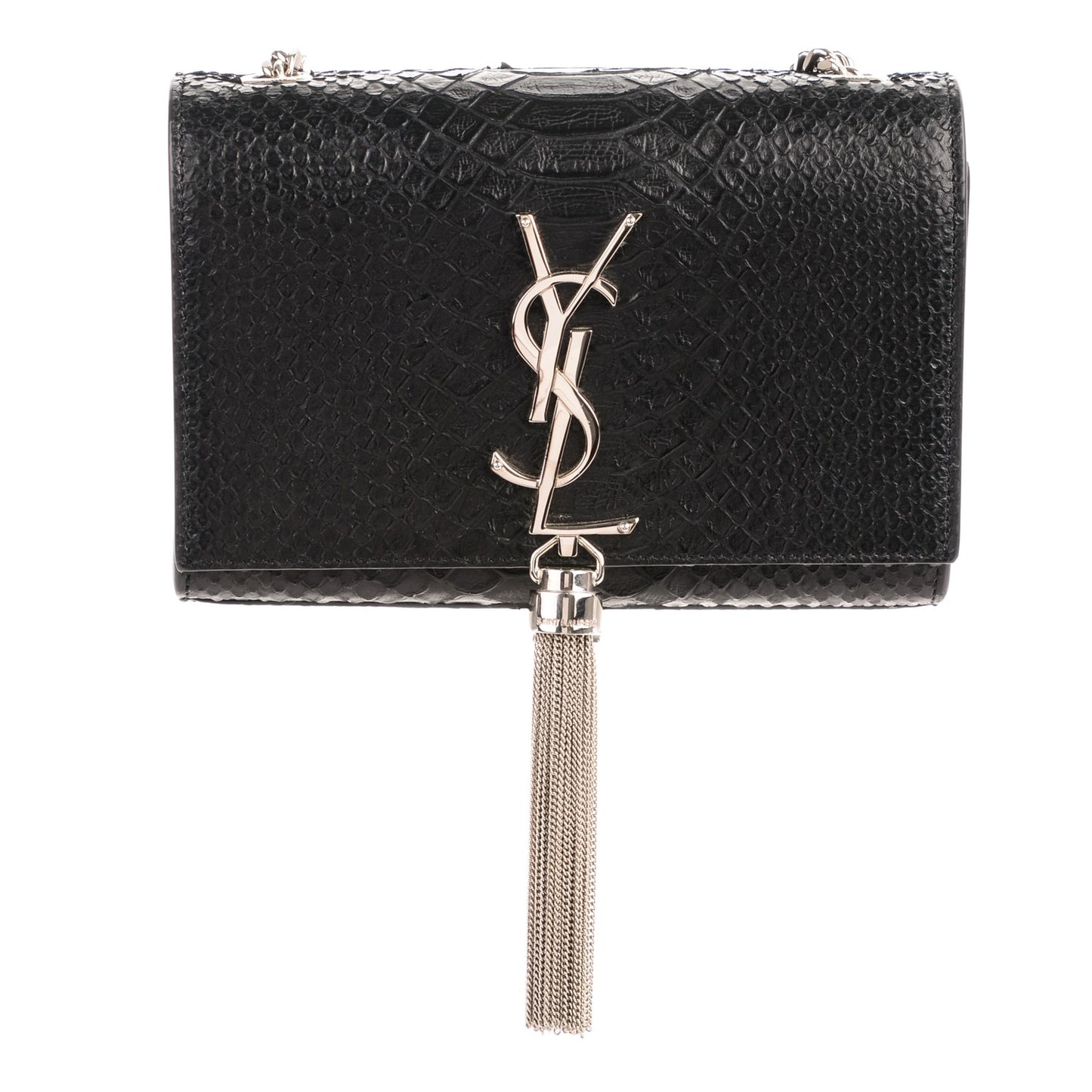 Python Calfskin Embossed Small Classic Monogram Tassel Satchel Black