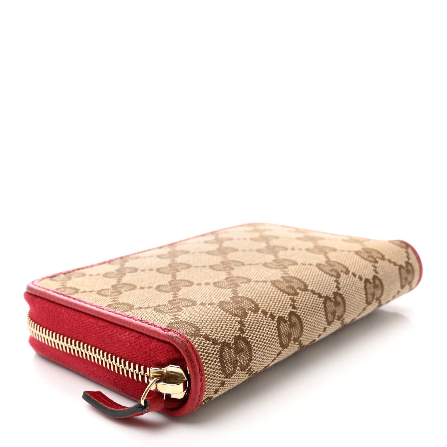 Gucci Monogram Dollar Calfskin Zip Around Compact Wallet Beige Ebony Rosso 4 of 14