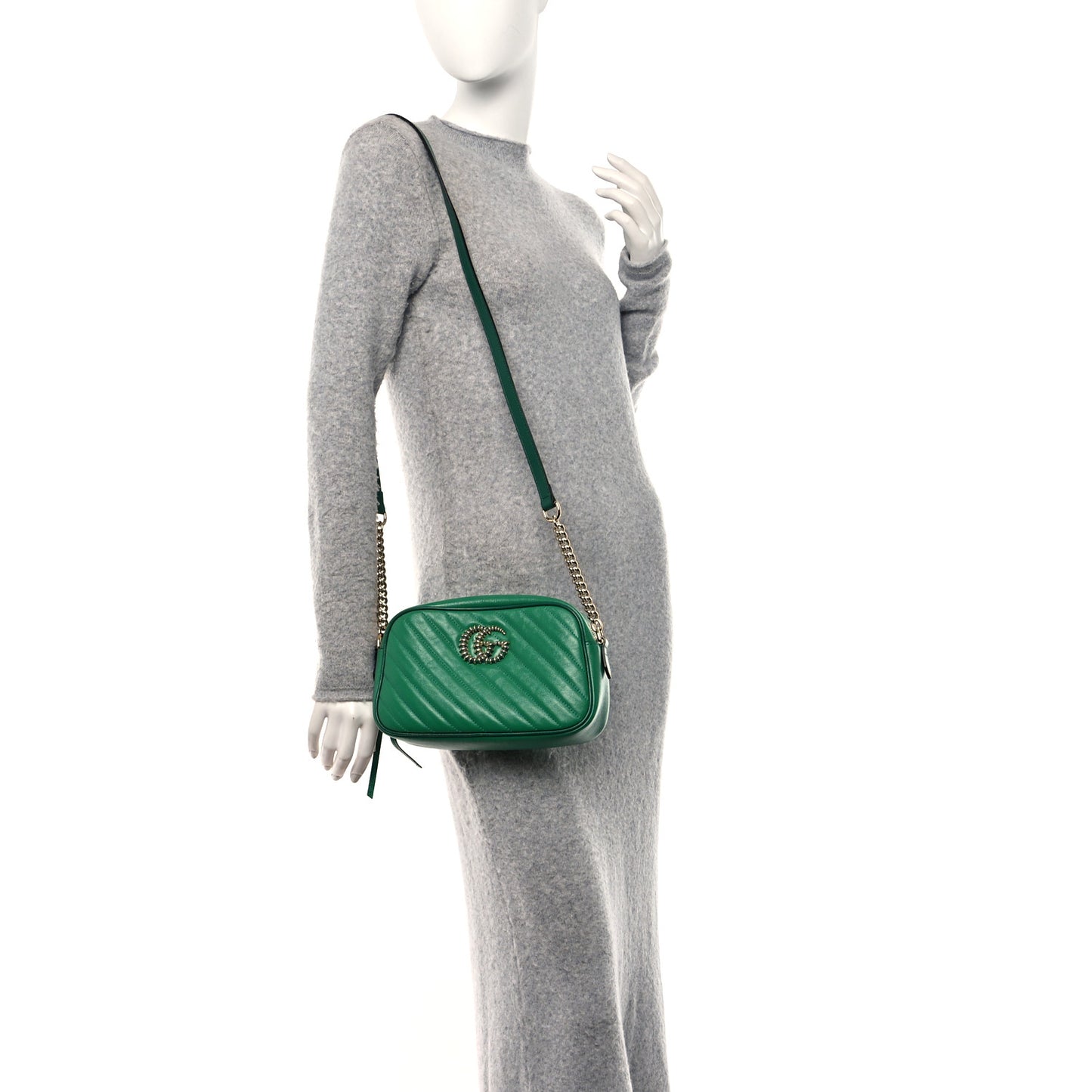 Azalea Calfskin Enamel Matelasse Diagonal Small Torchon GG Marmont Chain Shoulder Bag New Shamarock Emerald