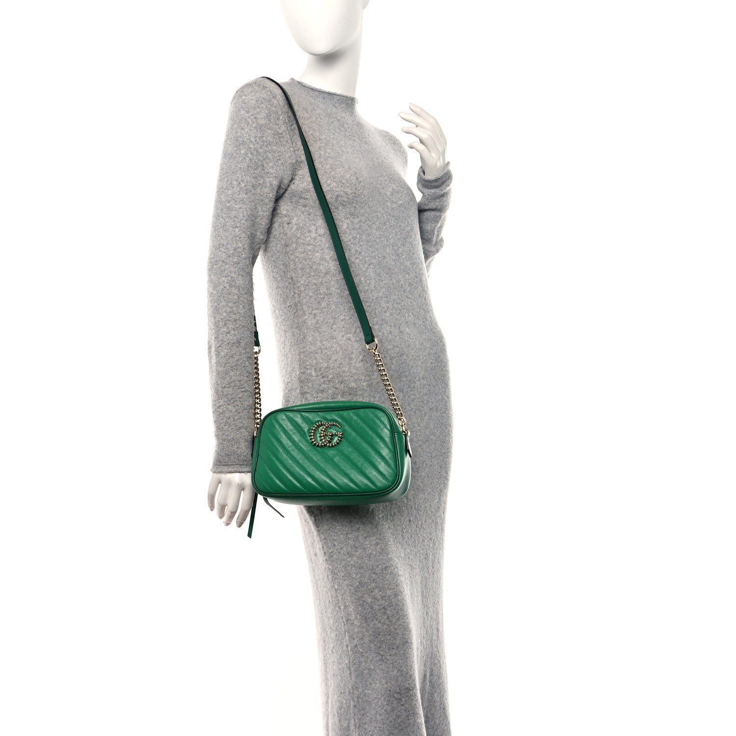 Gucci Azalea Calfskin Enamel Matelasse Diagonal Small Torchon GG Marmont Chain Shoulder Bag New Shamarock Emerald 2 of 11