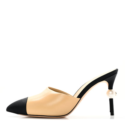 Chanel Goatskin Grosgrain Cap Toe Pearl Mule 36 Beige Black 1 of 13