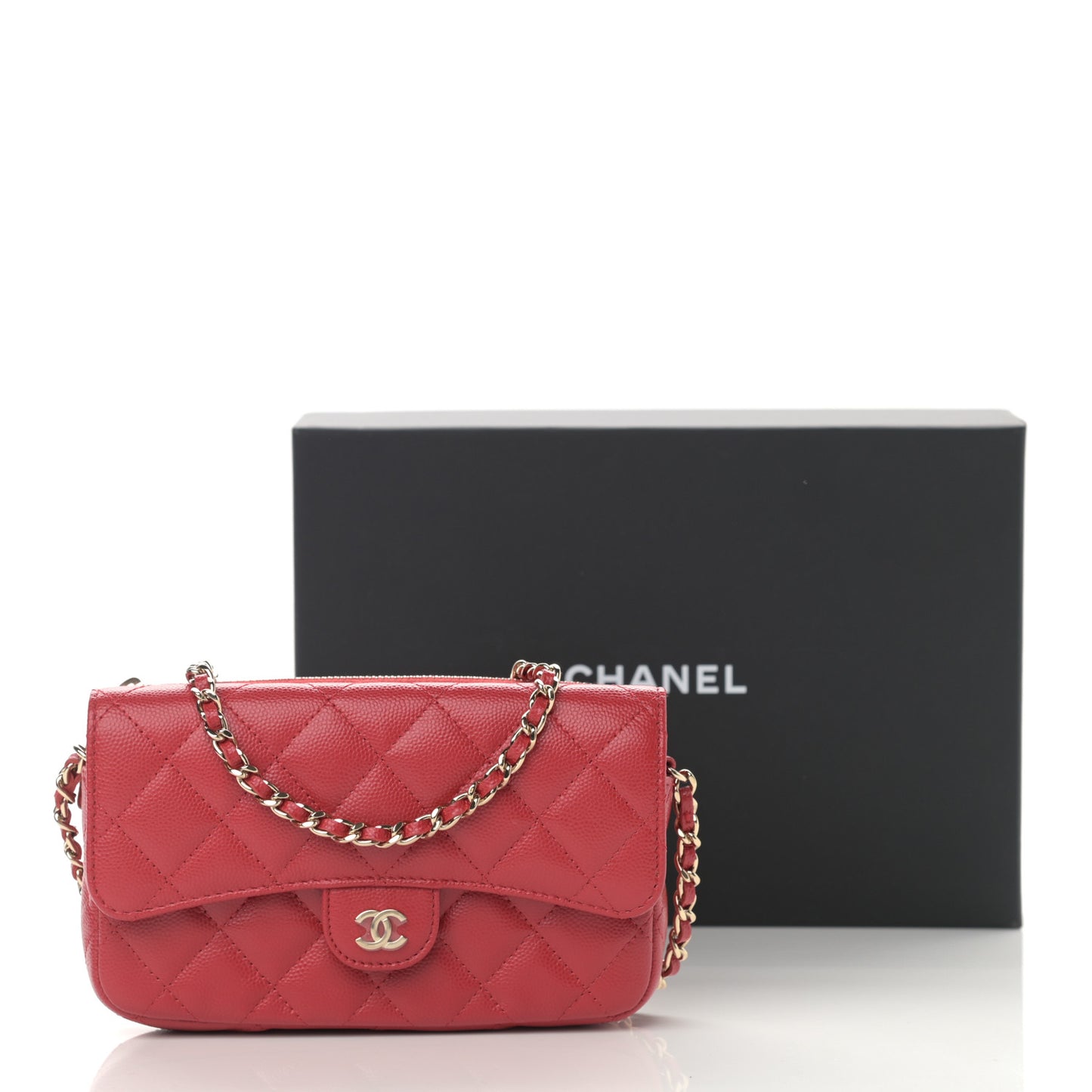 Caviar Quilted Flap Phone Holder With Chain Red