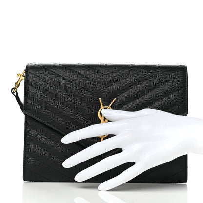 Saint Laurent Grain De Poudre Matelasse Chevron Monogram Envelope Clutch Black 3 of 7