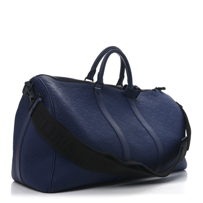 Louis Vuitton Embossed Calfskin Monogram Shadow Keepall Bandouliere 50 Navy Blue 2 of 8