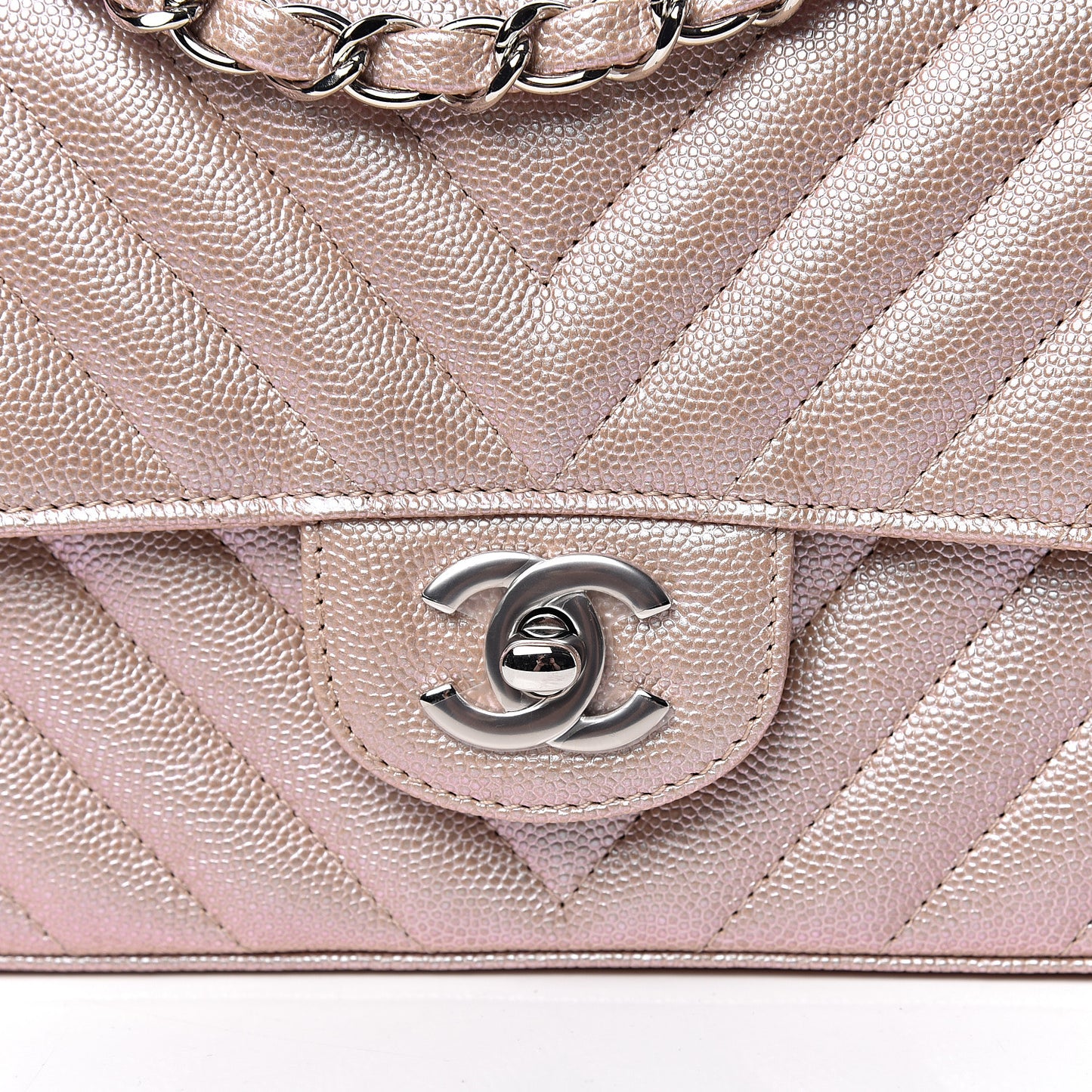 Iridescent Caviar Chevron Quilted Mini Rectangular Flap Light Gold