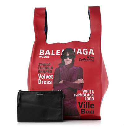 Balenciaga Grained Calfskin Winter 18 Campaign Medium Supermarket Tote Red Blue 1 of 12