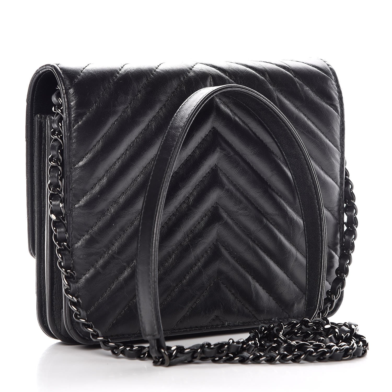 Chanel Aged Calfskin Chevron Quilted Reissue 2.55 Square Wallet On Chain WOC So Black 3 of 9