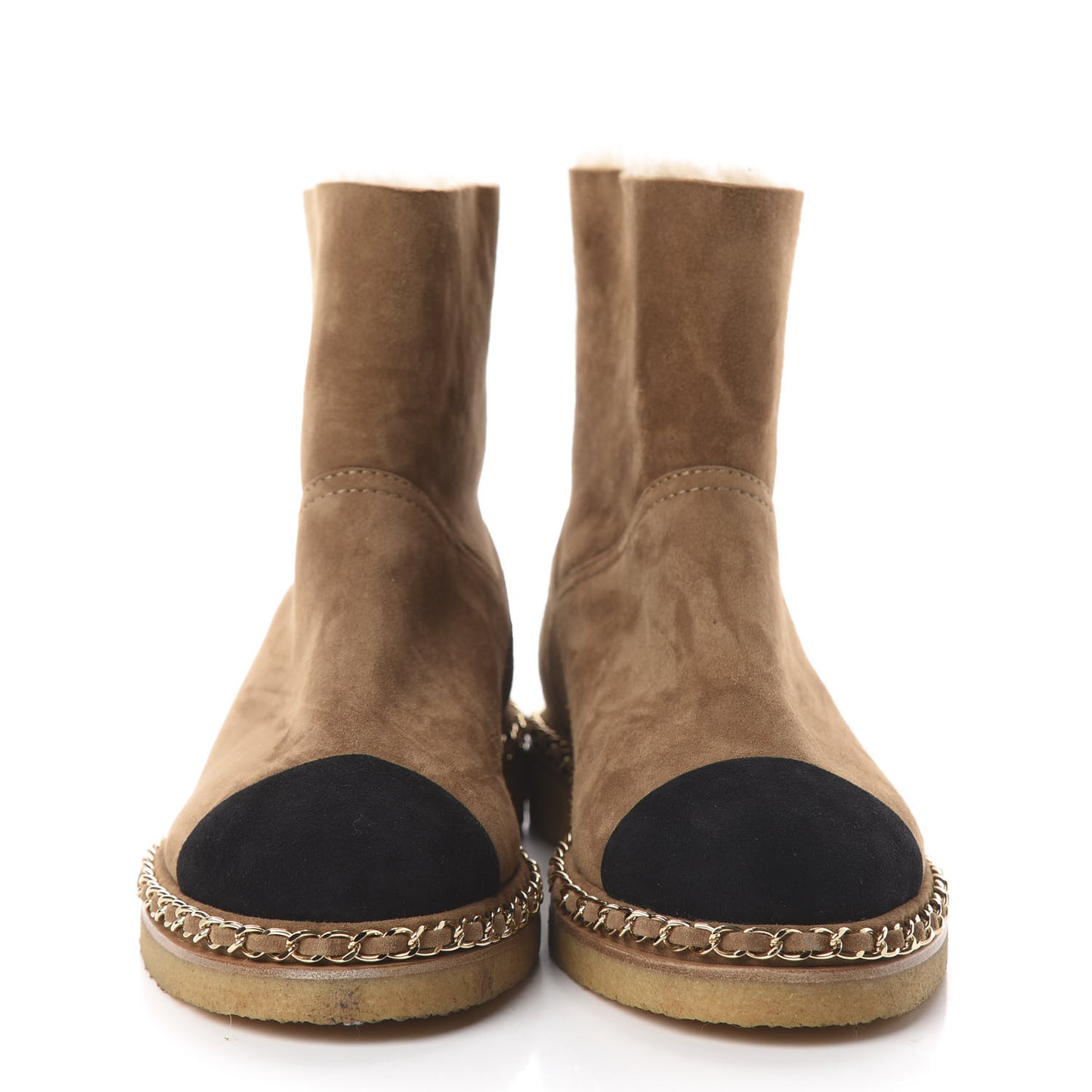 Kid Suede Shearling Womens Cap Toe Chain Short Boots 37.5 Light Brown Black