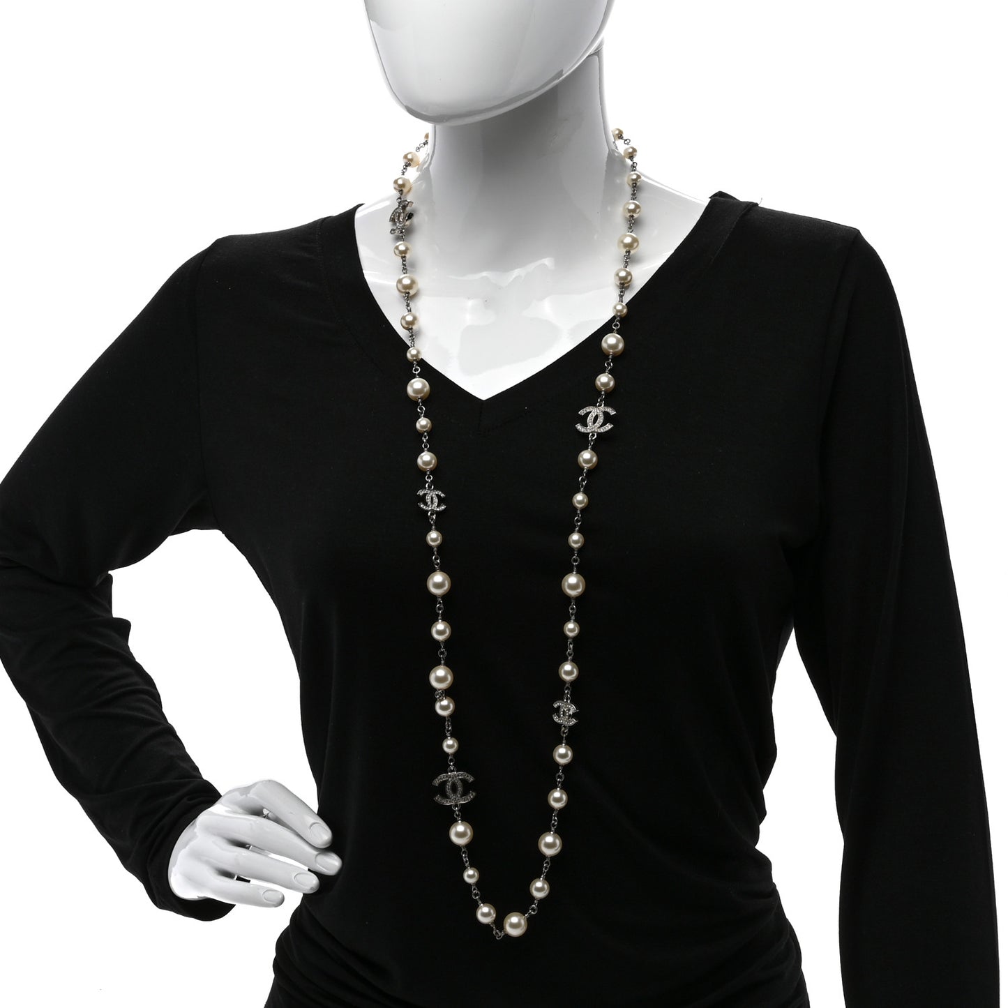 Graduated Pearl Crystal CC Long Necklace Silver