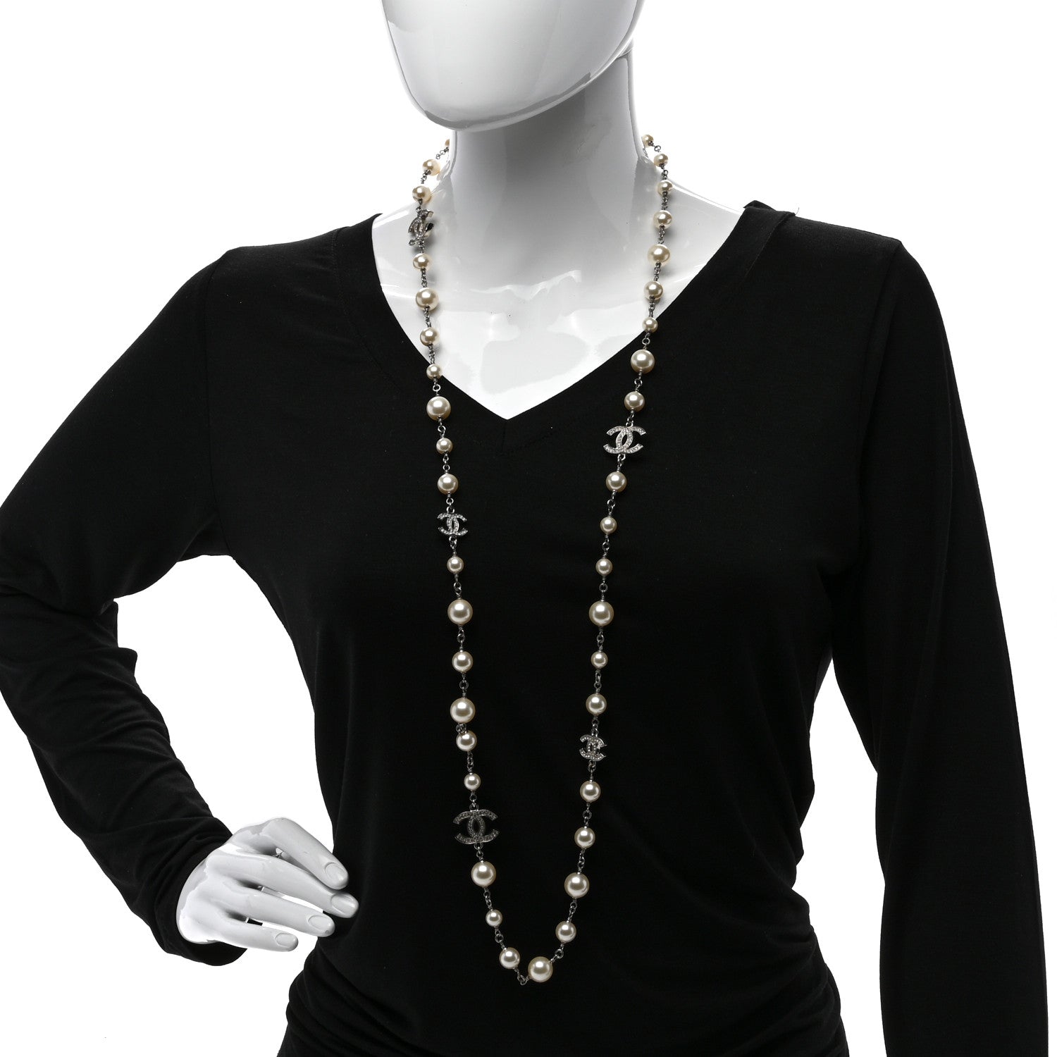 Chanel Graduated Pearl Crystal CC Long Necklace Silver 2 of 4