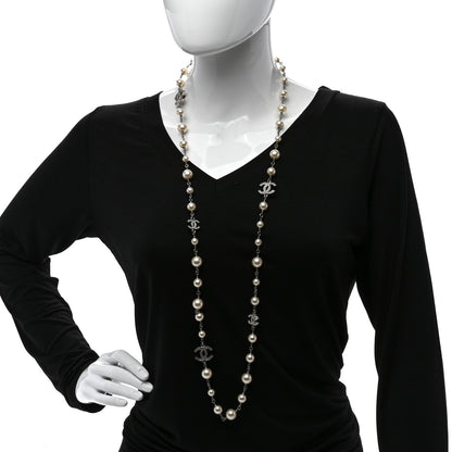 Chanel Graduated Pearl Crystal CC Long Necklace Silver 2 of 4