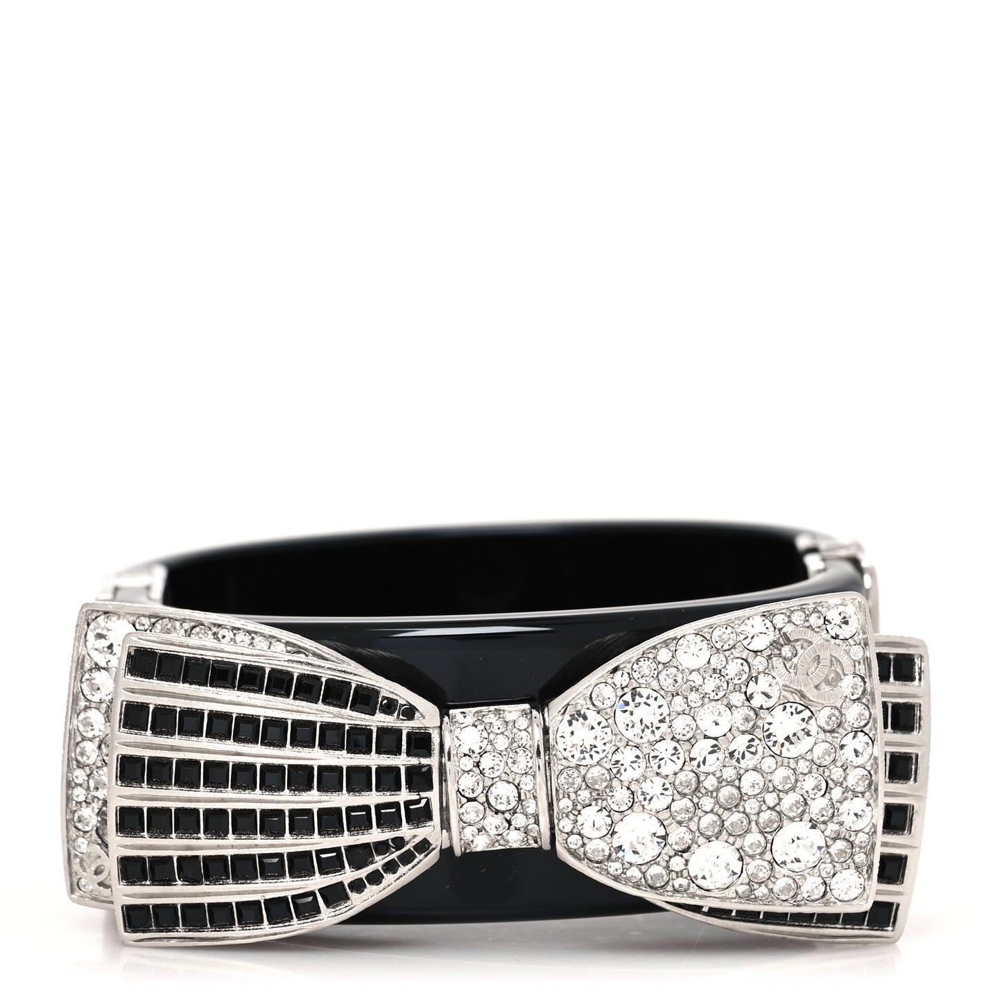 Resin Crystal CC Bow Cuff Bracelet Black Silver
